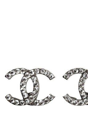 Chanel Silver Crystal CC Stud Earrings